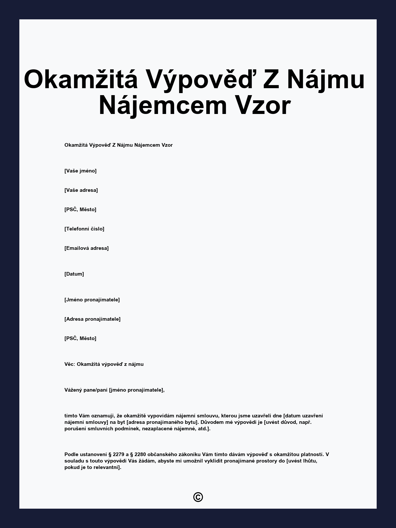 Okamžitá Výpověď Z Nájmu Nájemcem Vzor