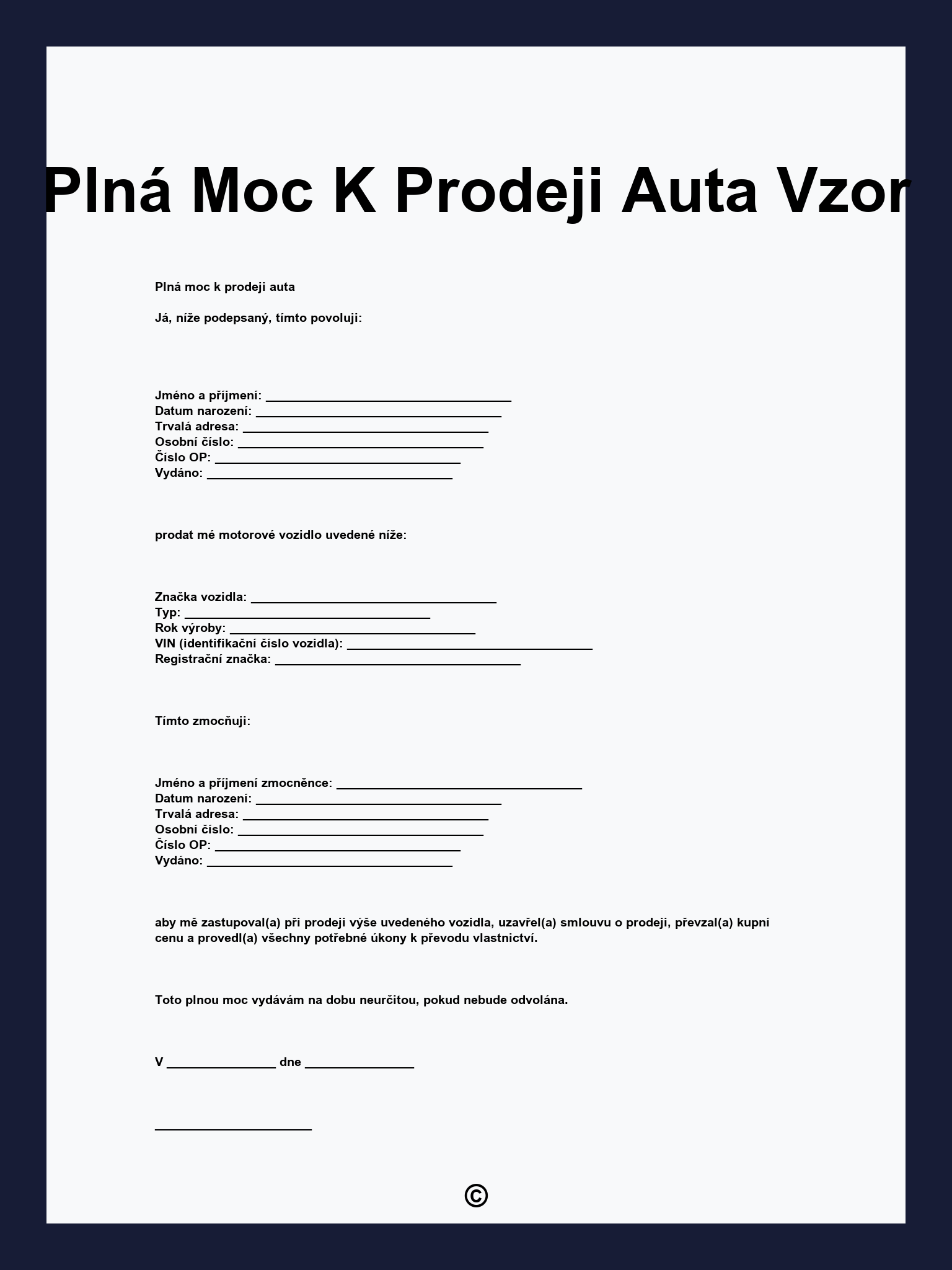 Plná Moc K Prodeji Auta Vzor