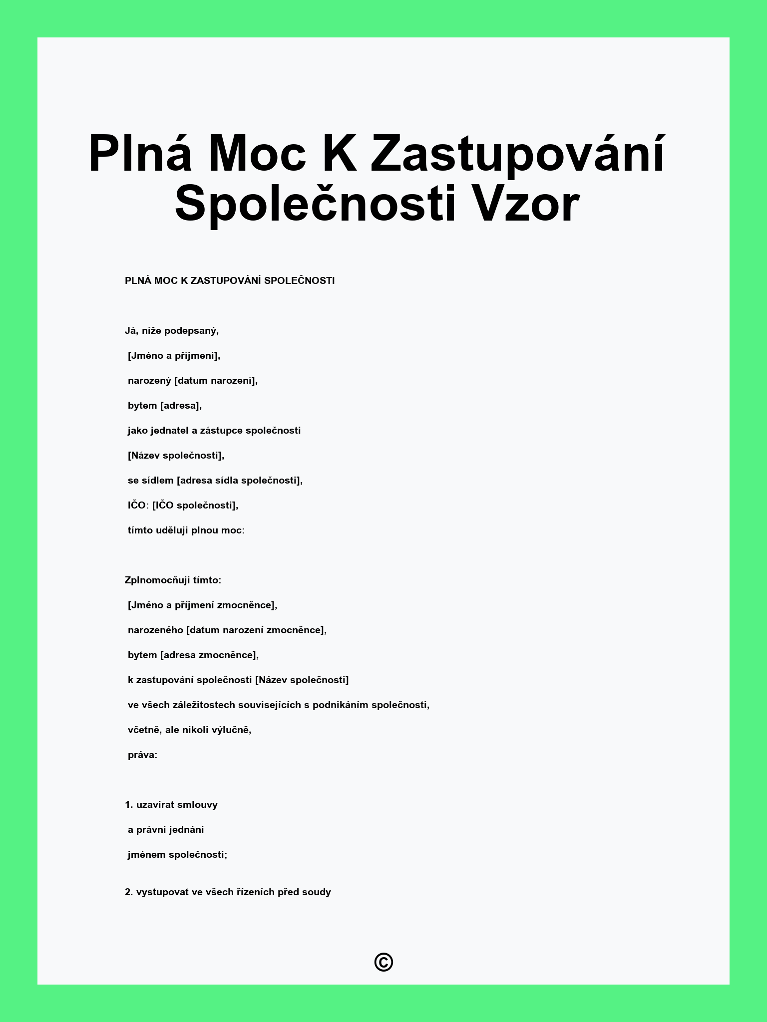 Plná Moc K Zastupování Společnosti Vzor