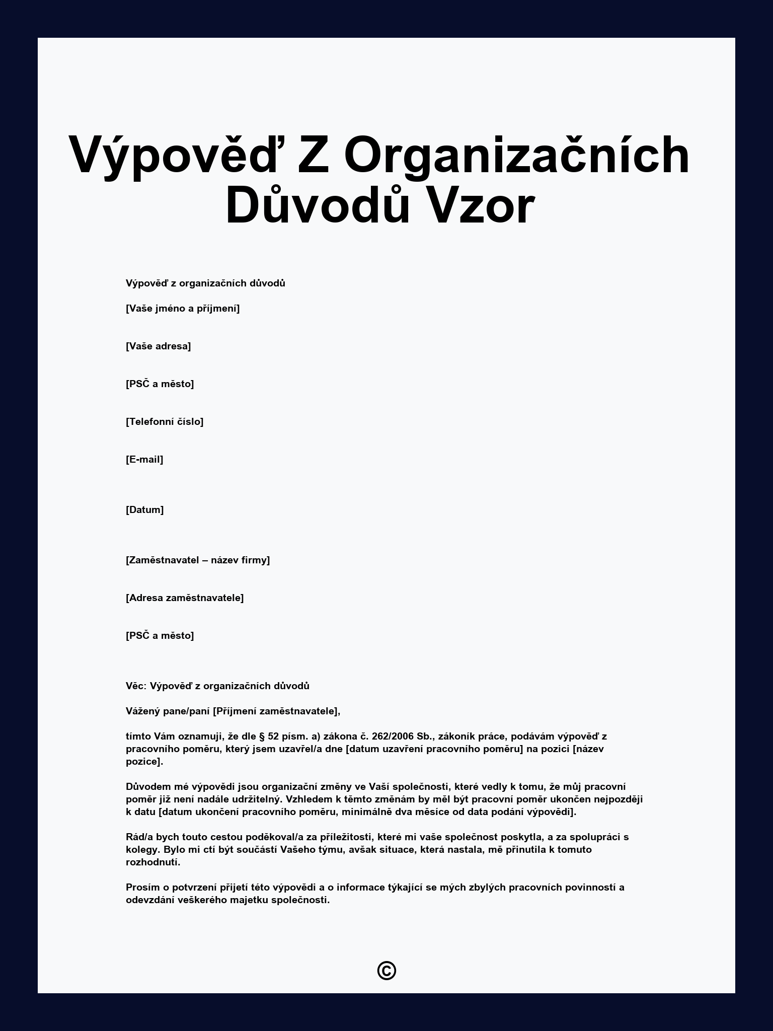 Výpověď Z Organizačních Důvodů Vzor