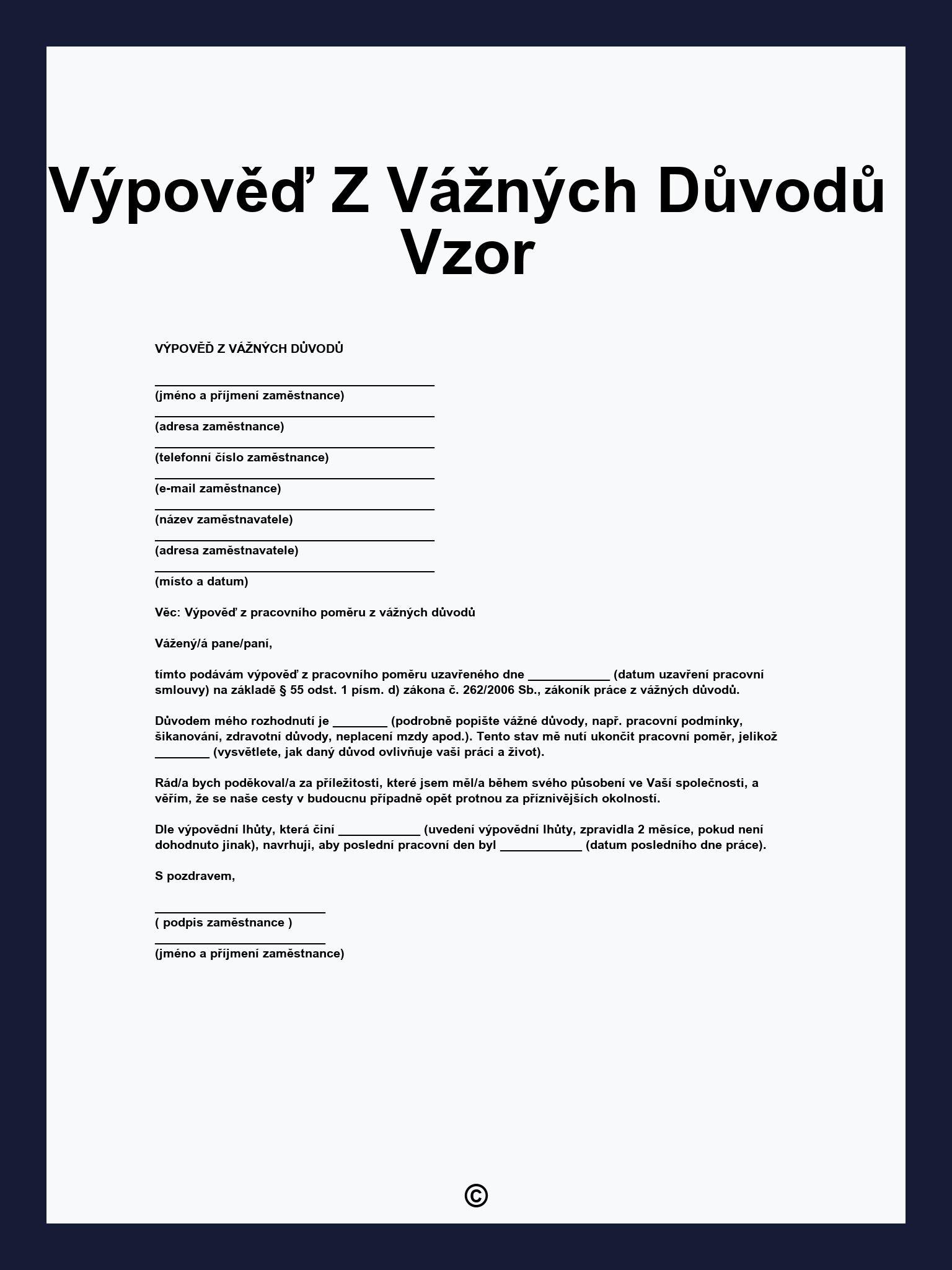 Výpověď Z Vážných Důvodů Vzor