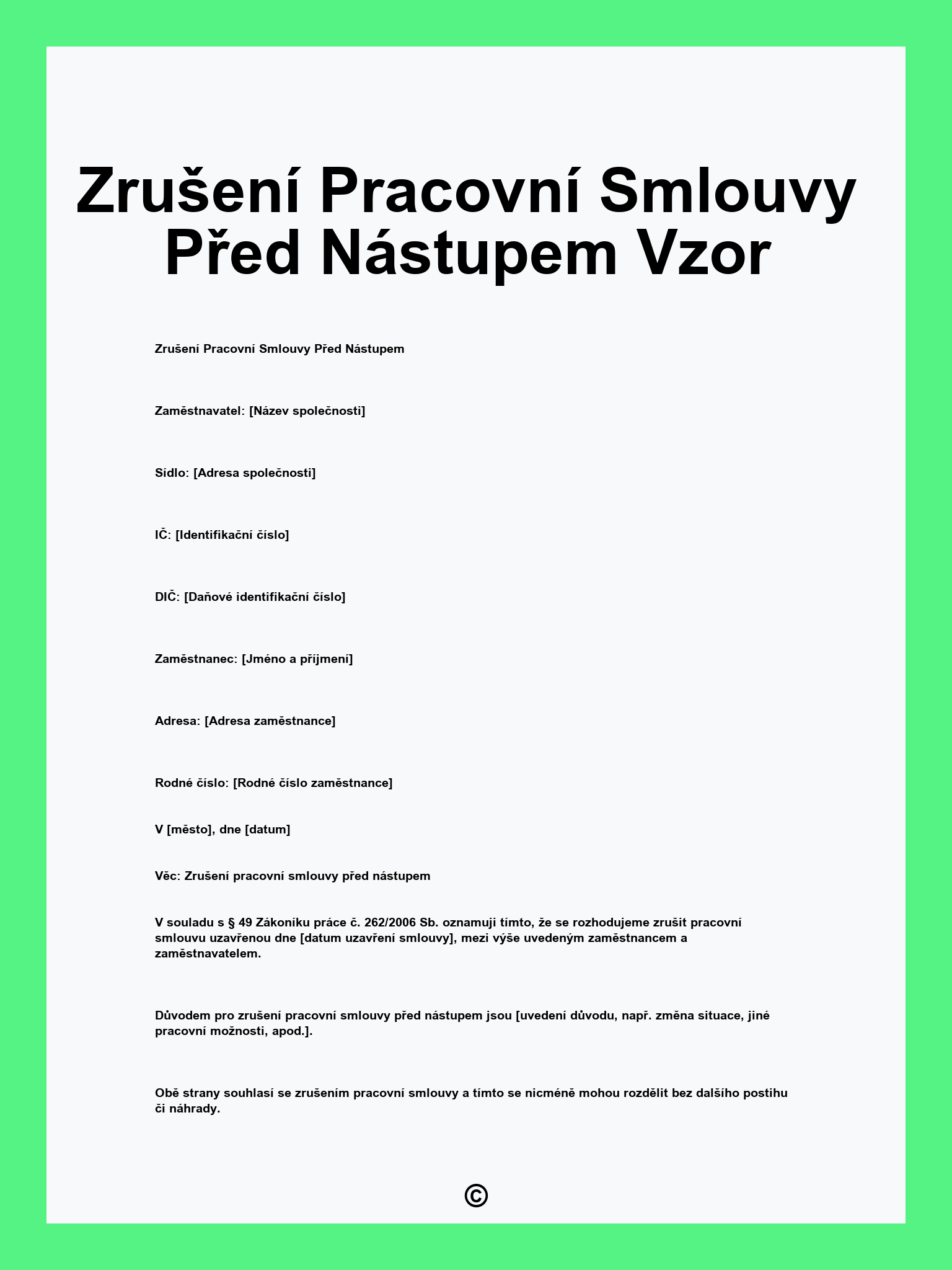 Zrušení Pracovní Smlouvy Před Nástupem Vzor